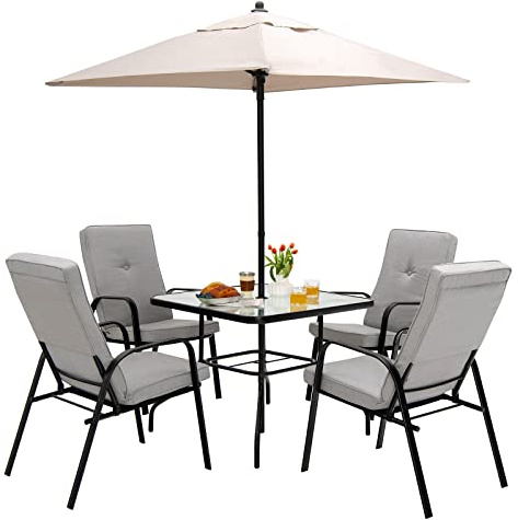 SFAREST 6 PCS Dining Furniture Set, Garden Bistro Set with 4 Cushioned Chairs, Tempered Glass Table and Parasol Umbrella, Outdoor Conversation Table Chairs Set for Balcony Yard Poolside