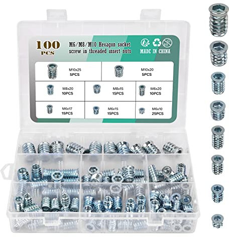 Wkmamo 100 Pcs Manchons à Visser,8 Tailles Insert Fileté M6 M8 M10,Six pans Creux Inserts Filetés Écrou,Insert Fileté Bois Pour Meubles en Bois (100, 8 Sizes)
