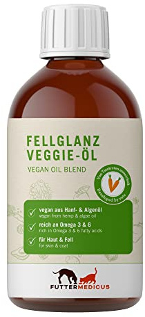 Futtermedicus Fellglanz Veggie-Öl | 250 ml | Vegane Ölmischung für Hunde und Katzen | Auch für Allergiker geeignet | Reich an essenziellen Omega-3-Fettsäuren EPA & DHA