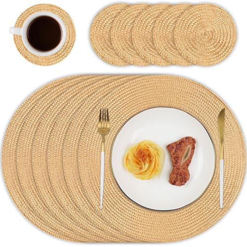 Homcomodar Round Placemats and Coasters Set of 6 Heat Resistant Round Table Place Mats Sets Washable Dining Table Mats for Kitchen Dinner(Brown)