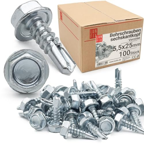 Lun Fix Lot de 100 vis auto-taraudeuses, 5,5 x 25 mm, en acier galvanisé, à tête hexagonale, à tôle auto-taraudeuse, avec pointe de perçage