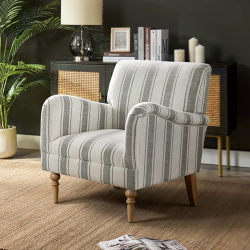 HULALA HOME Modern Accent Chair with Stripe Pattern & Wooden Legs, Comfy Upholstered Armchair Sofa Chair for Living Room, Bedroom, Grey