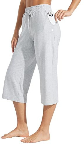 WILLIT capribyxor för kvinnor, sommar, 3/4, sportbyxor, bomull, capri-yogabyxor, lätta lediga sommarbyxor, vida ben, träning, joggingbyxor med fickor, 50 cm, LJUSGRÅ, L