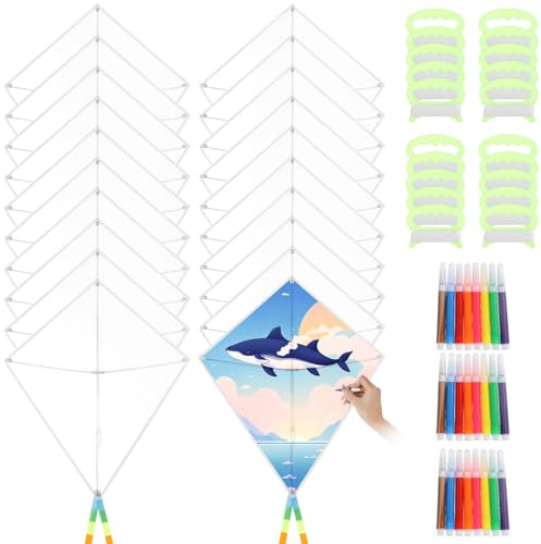 DIY Blank Kites 20 Packs, Bulk Kites DIY Kit for Kids DIY Decorating Coloring,Blank Making Craft Kit for Kids Aged 4+ 24PCS Watercolor Pens