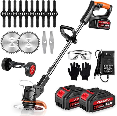 Desbrozadora inalámbrica, cortadora eléctrica de césped de 21 V, rotación de cabeza de 90° y diámetro de corte de 6 pulgadas, desbrozadora de jardín con 2 baterías de 4.0 Ah y cargador rápido, hoja de