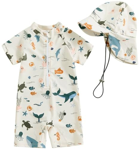 TOKYMOON Kleinkind Baby Jungen Badeanzug Einteiliger UPF 50+ Langarm UV-Schutz mit Sonnenhut Rashguard Reißverschluss Sonnenschut und Sonnenhut Schwimmanzug