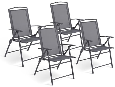 IDMarket - Pack de 4 sillas plegables de jardín con reposabrazos ALGHERO, metal y textileno, gris antracita