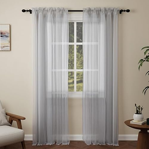 Pacok Silver Voile Curtains 108 Drop, 2 Panels Rod Pocket W56xL108 Inch | See Through Net Curtains for Windows Long Washable Sheer Curtain Panel for Living Room, Bedroom, Kitchen 142 x 274cm Drop