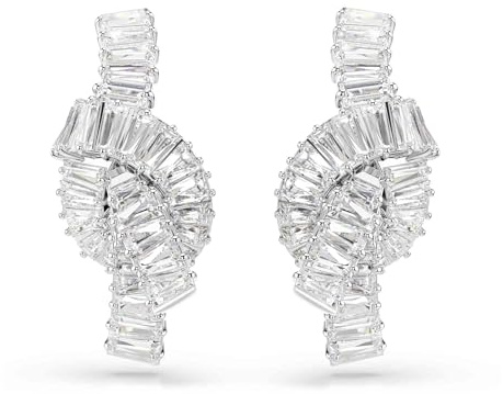 Swarovski Matrix Ohrringe, Rhodinierte Ohrringe im Knoten-Design mit Swarovski Zirkonia im Baguette-Schliff in Krappenfassung, Größe: 3 x 1.4 cm