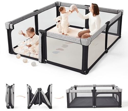 Sweeby Baby Playpen, Foldable Play Yard, Extra-Large Baby Fence for Indoor & Outdoor Use, Safe Playpen for Babies and Toddlers (Obsidian Black, 150 x 150 cm)