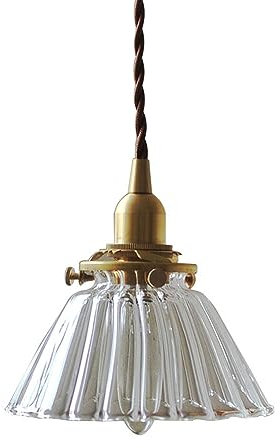 Lampada a Sospensione a Forma di Scodella con Paralume in Vetro Trasparente Pieghettato, Lampadario in Stile Artistico Americano Base E14, Supporto in Ottone Lampada a Sospensione Filo da 59 Pollici R