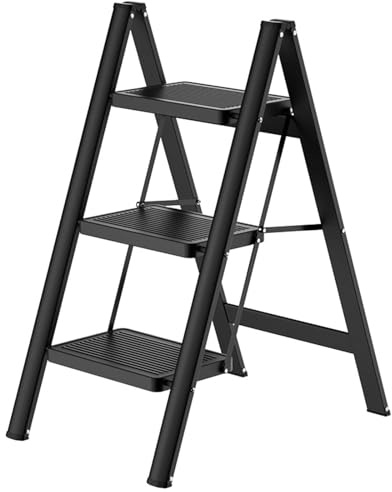 Escalera plegable con estructura de acero resistente, capacidad de carga de 150 kg, diseño plegable con superficie antideslizante para mayor seguridad (3 peldaños)