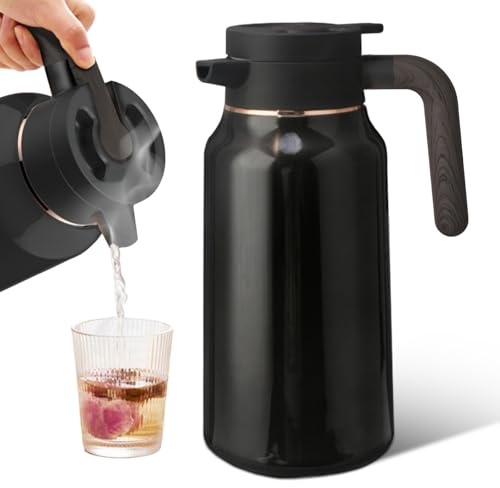 2 l termoskanna, termos av 304 rostfritt stål, 278 x 133 mm, dubbelväggig isoleringskanna med träutseende handtag, tekanna termo 36 h värme/kyla för te kaffe mjölk dryck (svart)