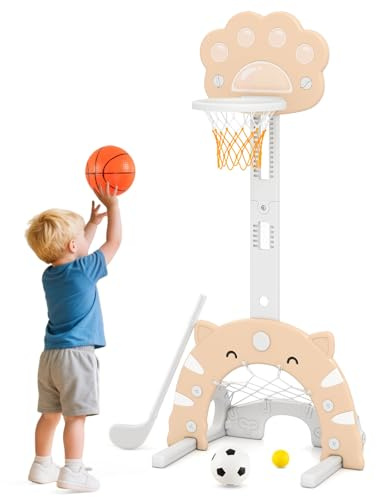 COSTWAY 3 en 1 Panier de Basket-Ball Enfant en Forme Patte de Chat (Beige)