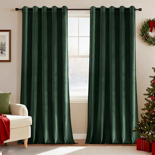 Deconovo Christmas Velvet Curtains Extra Wide Soft Blackout Curtains Eyelet Thermal Insulated Elegent Room Darkening Drapes for Bedroom 66 x 90 Inch Dark Green One Pair
