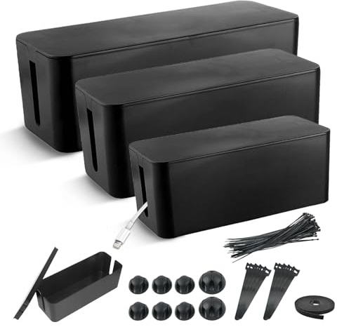 XHYASD 3 Piezas Caja Organizadora Cables Negra, Tamaños Grande Mediano Pequeño, Caja Oculta Cables y Caja para Cables para Regletas TV y Oficina