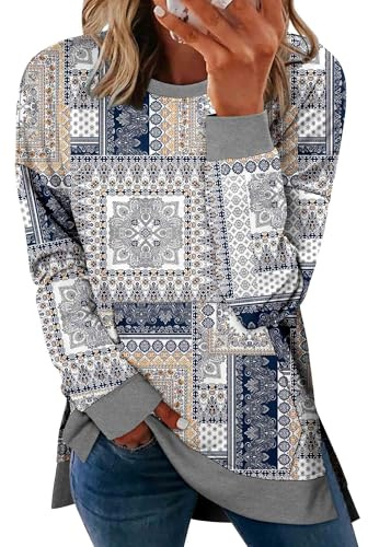 CHICZONE Women's Long Sleeve Sweatshirts Crewneck Casual Pullover Side Split Fall Sweaters Oversized Top Jumpers