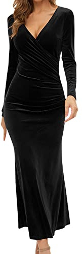 Vestido de invierno para mujer, manga larga, monocolor, cuello en V, nudillo, terciopelo, cintura alta, vestido de noche, largo, elegante, de terciopelo, vestido de fiesta, vintage, vestido de cóctel