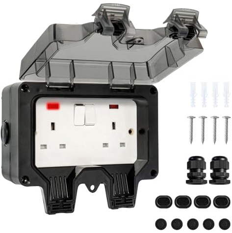 EVERGOODS Outdoor Socket IP66 13A Double Waterproof Switched Plug Socket | Weatherproof Wall Electrical Outlet, 2 Gang Power Socket Box for Garden, Garage & Outdoor Use (Black)