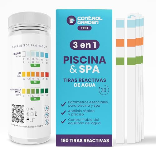 CONTROL GARDEN 160 pH Reaktivtestremsor 3 i 1 | Test Pool och Spa | pH-mätare, Brom och Total Alkalitet Vatten Bad | Snabbanalys på 30 Sekunder | Precis Kontroll