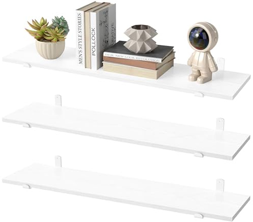 SONGMICS Set of 3 Floating Shelves Bundle, White, 80 x 20 x 10 cm | Wall Mounted Display Shelves, Wooden Shelf, Holds up to 10 kg, for Bedroom, Bathroom, Kitchen
