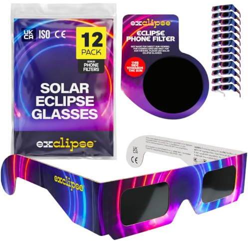 Solar Eclipse Glasses 12 Pack with 1 Phone Filter – ISO 12312-2 & CE & UKCA Certified Sun Viewing Glasses + Smartphone Filter, AAS 2026