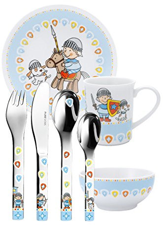 Puresigns ONE Miko Kindergeschirr Ritter Porzellan Kinderbesteck Edelstahl Poliert Silber 7-teilig