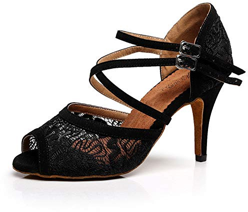 Syrads Chaussures de Danse Latine pour Femmes Chaussures de Danse Tango Valse Samba Fête Sociale Salsa Sandale Talon Haut,Noir 8 5cm,39 EU