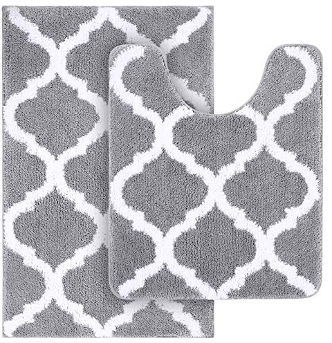OLANLY Bathroom Rugs Set 2 Piece, Microfiber Bath Shower Mat and U-Shaped Toilet Rug, Machine Wash Dry, Non-Slip Absorbent Shaggy Bath Mats for Tub, Shower and Bathroom (30x20+24x20, Grey)