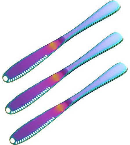 Hoshen 3-teiliges Buttermesser aus Edelstahl, Butterreibe, Brot Marmeladenmesser, Käseschneiden, Butterspatel, Küchenutensilien - Regenbogen