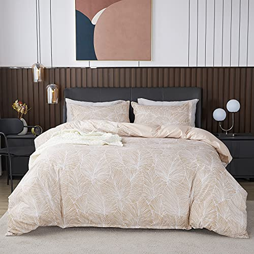 Jemiipee Set Copripiumino Matrimoniale con Motivo di Foglie Tropicali, 1 x Copripiumino 240x220 cm e 2 x Federe 50x80 cm Parure Sacco Copri Piumone Microfibra Biancheria da Letto Beige