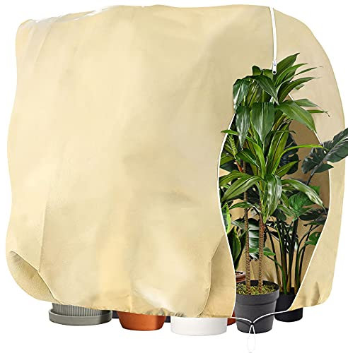 Winterschutz Pflanzen, Frostschutz Kälteschutz Pflanzenschutzsack für Kübelpflanzen mit Reißverschluss Zugband, Verdicken Pflanzenschutz Winter Pflanzenschutzhaube für Olivenbaum 200 x 240cm, Beige