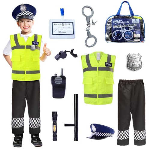 Cheerful Children Toys Kids Police Costume, Kids Dress Up for Ages 3-7 | 10 Pcs Police Officer Outfit Set - Black Vest, Hat & Siren Sound Walkie Talkie, Fancy Dress for Halloween & STEM Learning