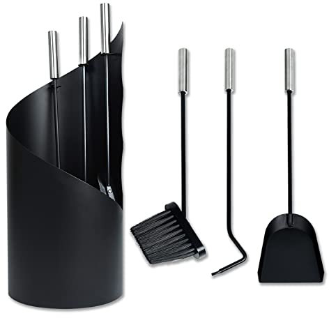 Froadp 4 pezzi Attrezzi per Camino in Acciaio Inossidabile Strumenti per Caminetti include Spazzole, Ganci, Paletta e Supporto Stufa a Legna Set di Utensili Caminetto per Cucina Casa (Nero)