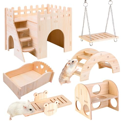 SUNOYA Giochi per Criceti in Legno, 6 Pezzi Set - Criceto Nascondiglio, Casa, Ponte, Altalena, Allenamento Accessori per Gabbia per Criceti Russi