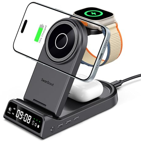 SwanScout mag-Safe Cargador Inalámbrico, 4 en 1 Magnética Estación de Carga para iPhone Air/17/16/15/14/13/12 Serie, Plegable Wireless Charger para Apple Watch Ultra 3/11/10/9/8/7/6/5, SwanScout 702M