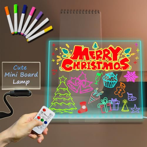 Tableau à message lumineux LED en acrylique - Veilleuse USB effaçable à sec - Tableau blanc avec support - 30 × 20 cm - 7 couleurs changeantes avec télécommande - Intensité variable - Fermeture