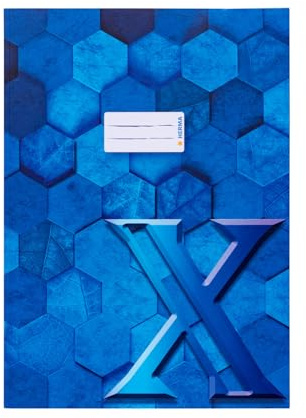 HERMA 20085 häftkuvert A4-kartong, blå, förädlat häftfodral med märkningsfält av robust och extra starkt papper, häftskydd med hexagonmönster motiv för skolpjäser, färgat