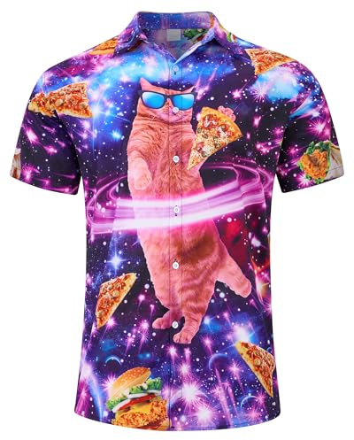 RAISEVERN Mens Shirt Funny Stag Pizza Cat Graphic Festival Bad Taste Funky 3D Print Shirts Galaxy Ugly Awful Hawaiian Crazy Rave Party, XL