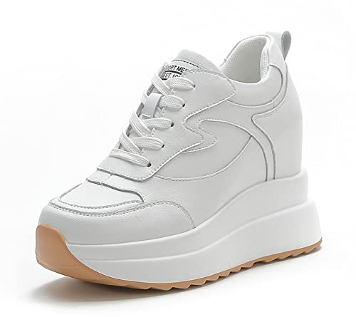 MIEHUIAI Baskets à Talon Compensées Femmes Plateforme Chaussures de Sport Mode Cuir Baskets Casual Lacets Sneakers à L'intérieur Hausse Talon de 10 cm