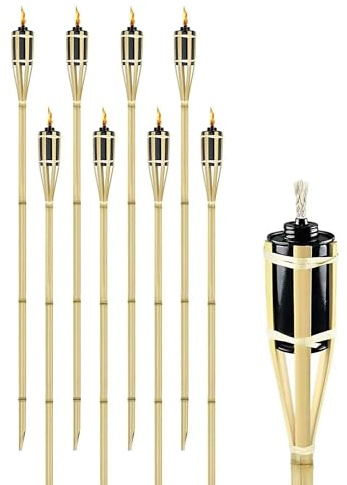 IlGruppone Set 8/12 Pezzi Torcia Grande da Giardino in bambù XXL Olio Contenitore in Metallo 90/120/150 Cm Lampada Candela con Stoppino Fiaccola Torcie Esterno Feste Eventi - 8 Pezzi 150 Cm