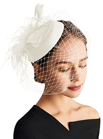 DRESHOW Fascinator Hüte für Damen Pillbox Hut mit Schleier Stirnband und Einer Gegabelten Clip Tea Party Kopfbedeckung