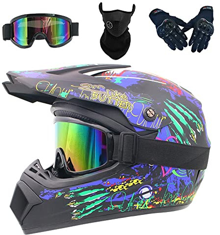 Full Face MTB Helmet, with Goggles Mask Gloves, Motocross Helmet, Adult Motorcycle Crash Helmet for Dirt Bike MX Quad Downhill Enduro Racing(Blue,L(56-57cm))