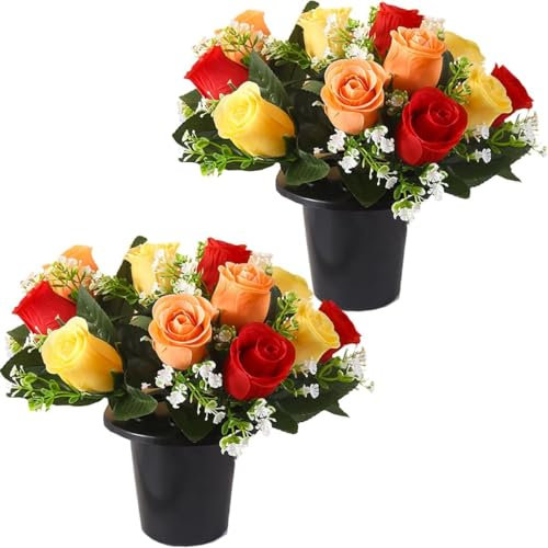 JUTTAUTO 2pcs Grave Flower In Pot 12 Heads Artificial Rose Fake Funeral Floral for Memorial Cemetery Christmas Decorative