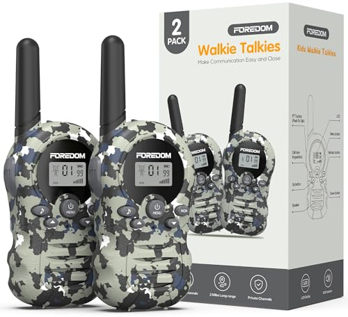 FOREDOM Walkie Talkies para Niños, Walkie Talkies con Largo Alcance, para Niños y Niñas de 3 a 12 Años, Regalo de Cumpleaños, Juguete Militar Genial – Set de 2, Gris Camuflaje