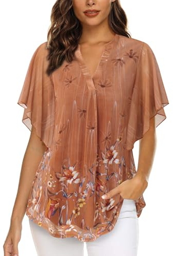 Vafoly Blusa elegante de manga corta para mujer, túnica de verano, cuello en V, malla, flores, túnica de doble capa, naranja, XXL