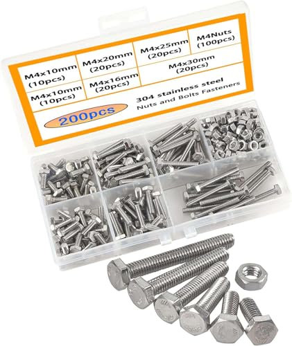 HVDHYY M4 Vis et Écrous 304 Vis Inox Visserie Tête Hexagonale Assortiment Boulon Ecrou Vis et Écrous Assortiment Kit 200pcs