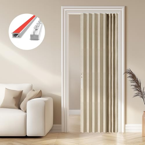 AJAZZ 100% Blackout Magnetic Accordion Panel - Invisible Folding & Sliding Glass Cover for Bedroom, Living Room, Doorway - Curtain Sets Includes Tracks (1 Panel, 43W x 79L, Cream Yellow)