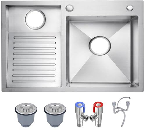 HZKSINNK Évier Utilitaire En Acier Inoxydable SUS 304 - Double Cuve Avec Planche À Laver Intégrée Évier À Linge, Facile À Nettoyer, Pour Buanderie, Salle De Bain, Cuisine Et Garage(Silver-L,80x48cm)