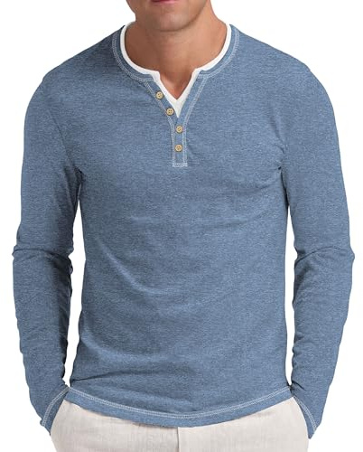 NITAGUT Mens Long Sleeve Shirts Front Placket Washed Soft Classic T-Shirts | Mens Henley Shirts Lightweight Front Placket Color Blocking Line Casual Classic Tees for Man Basic Daily Comfy Working